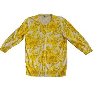 Isaac Mizrahi Cardigan Sweater Medium Yellow Floral Preppy Office Travel